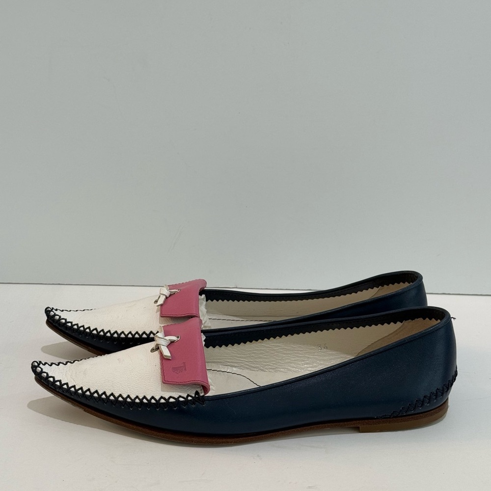 Tod's Rare Women's Pink/White/Blue Color Block Pointed-Toe Leather Loafers -36EU